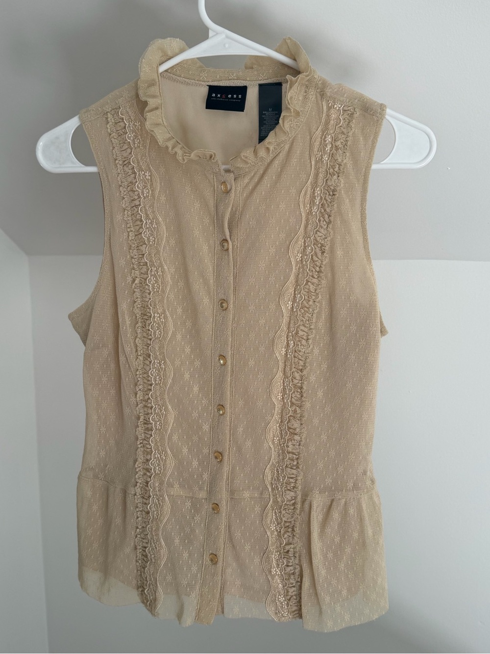 AXCESS Sleeveless Ruffle Button-Front Blouse in Beige by Liz Claiborne